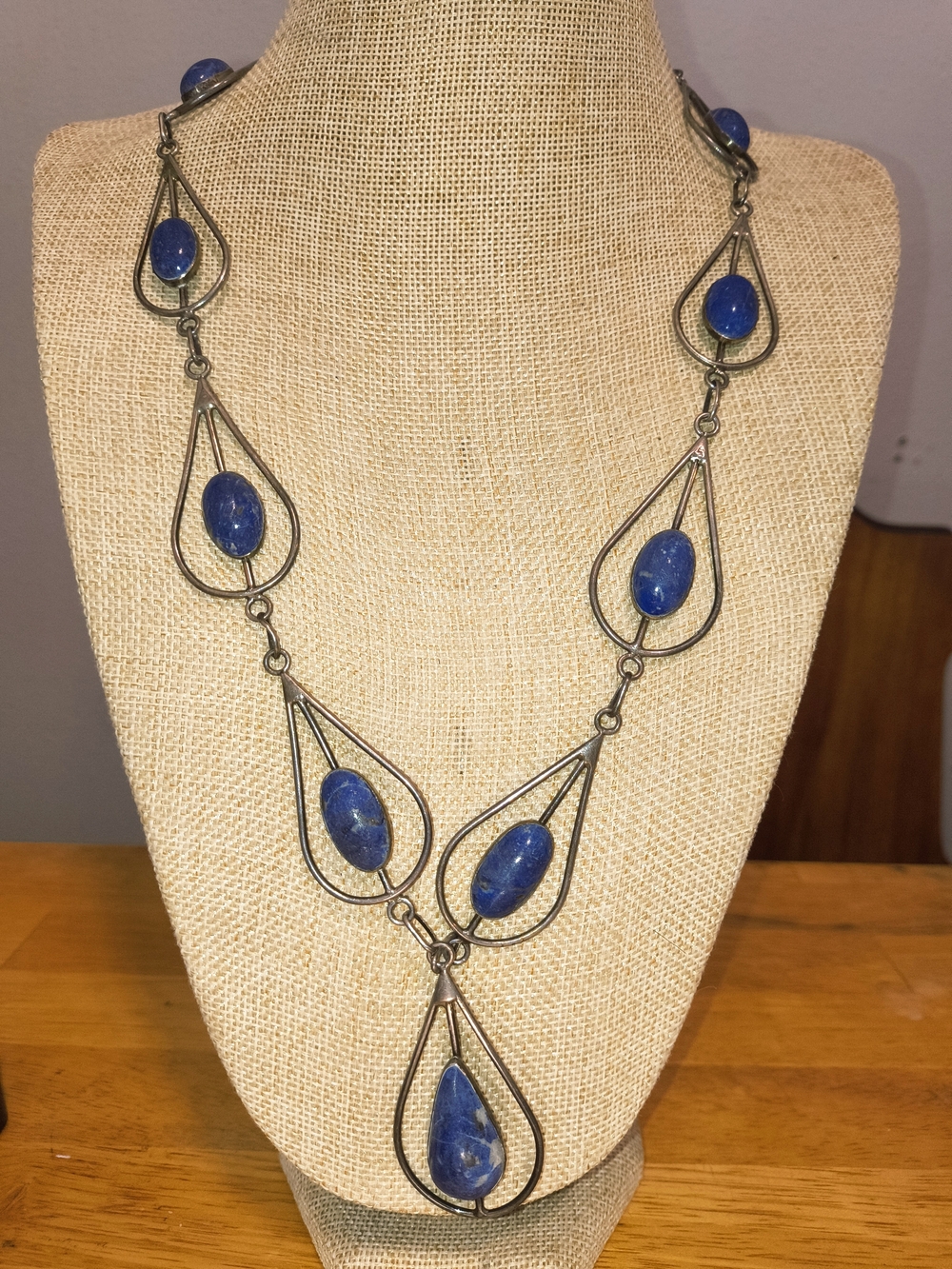 Vintage Sterling Silver Lapis Lazuli Statement Necklace 88g Articulated Teardrop